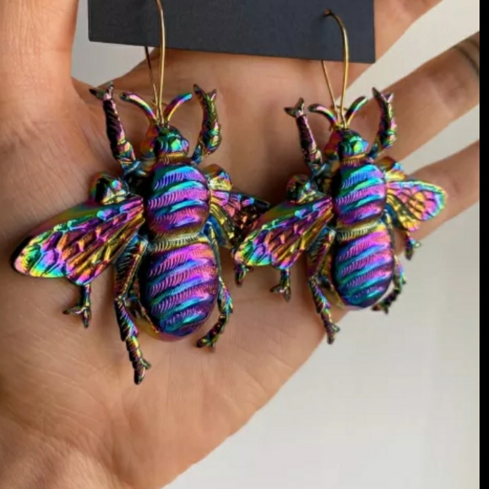 Earrings Bees Multicolor Psychedelic Rainbow. - Picture 5 of 6